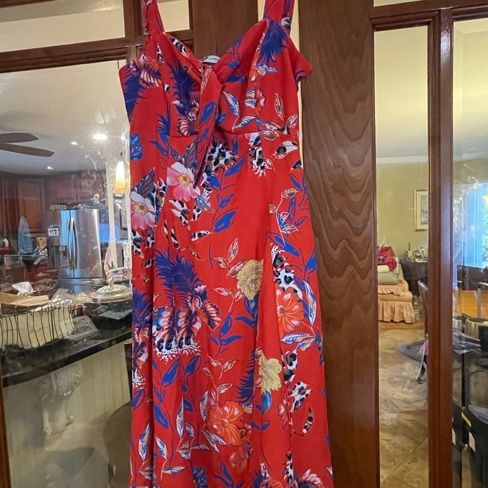 Tropical Red Floral Tie-Front Maxi Dress
